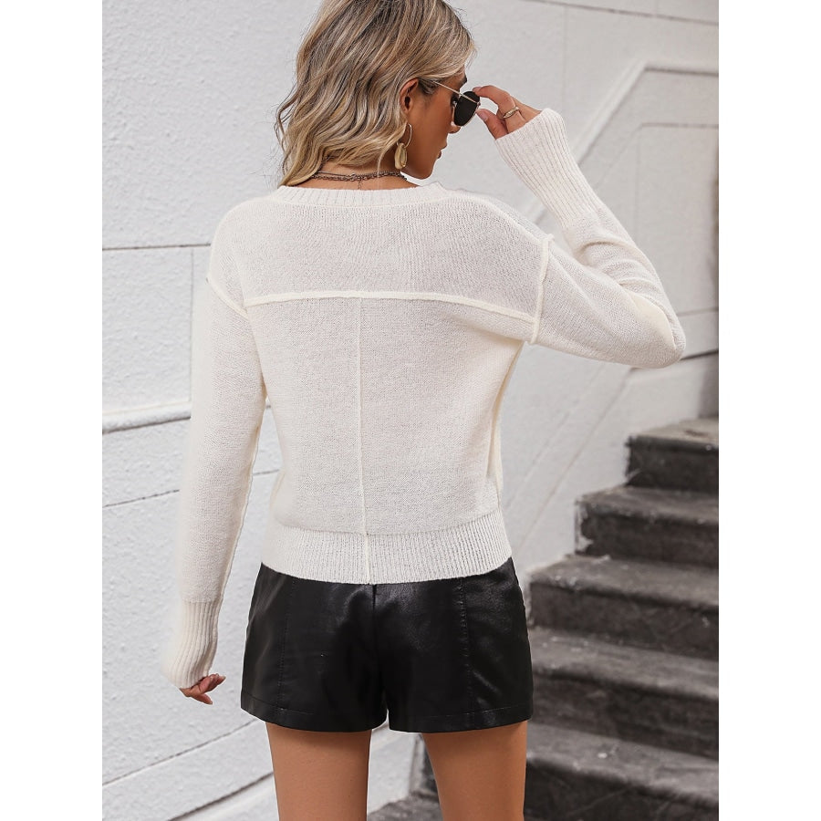 V-Neck Dropped Shoulder Long Sleeve Knit Top