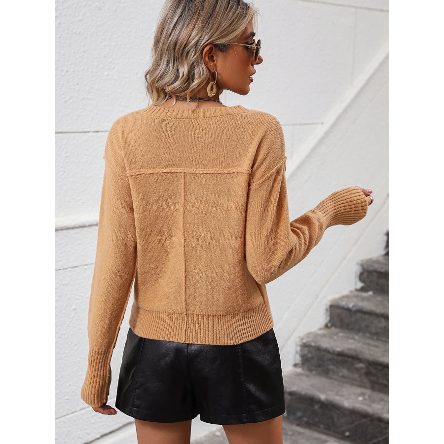 V-Neck Dropped Shoulder Long Sleeve Knit Top