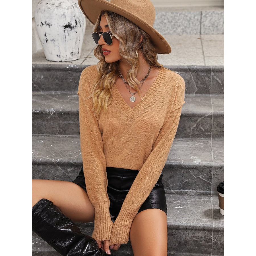 V-Neck Dropped Shoulder Long Sleeve Knit Top