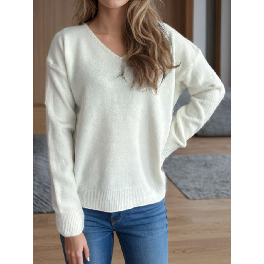 V-Neck Dropped Shoulder Long Sleeve Sweater White / One Size Apparel and Accessories