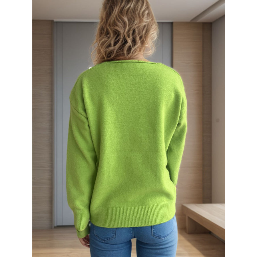 V-Neck Dropped Shoulder Long Sleeve Sweater Apparel and Accessories