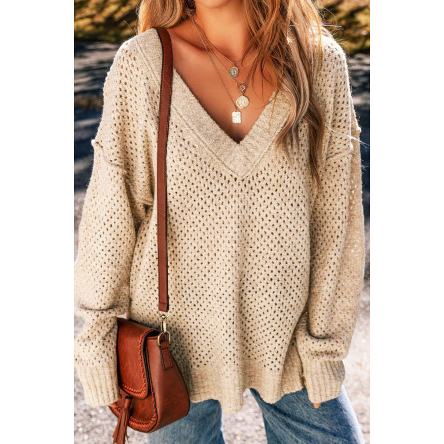 V-Neck Dropped Shoulder Long Sleeve Sweater Apparel and Accessories