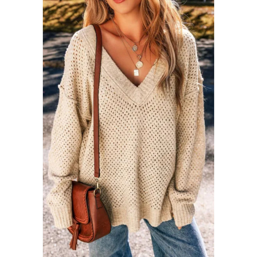 V-Neck Dropped Shoulder Long Sleeve Sweater Apparel and Accessories