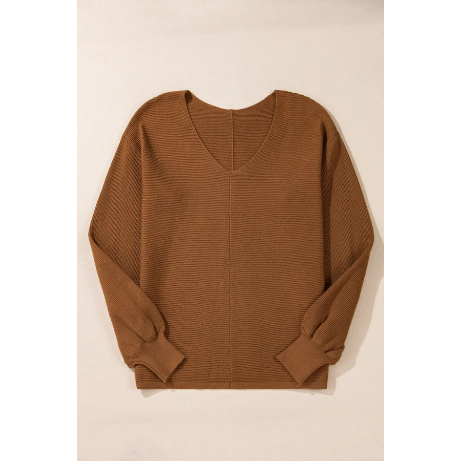 V-Neck Dropped Shoulder Long Sleeve Sweater Apparel and Accessories
