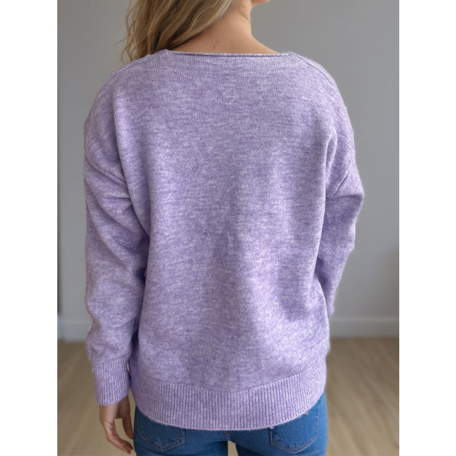 V-Neck Dropped Shoulder Long Sleeve Sweater Apparel and Accessories
