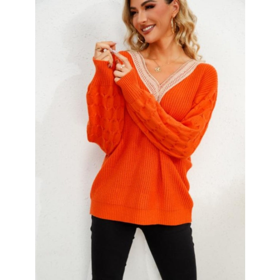 V-Neck Dropped Shoulder Long Sleeve Sweater Apparel and Accessories