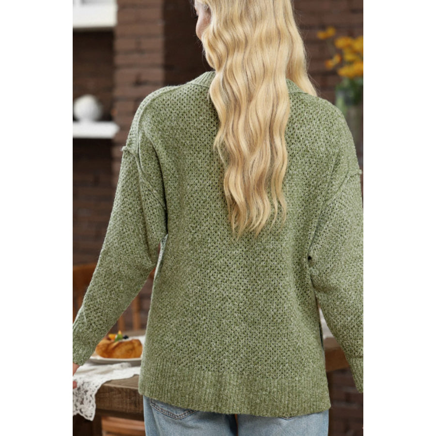 V-Neck Dropped Shoulder Long Sleeve Sweater Apparel and Accessories