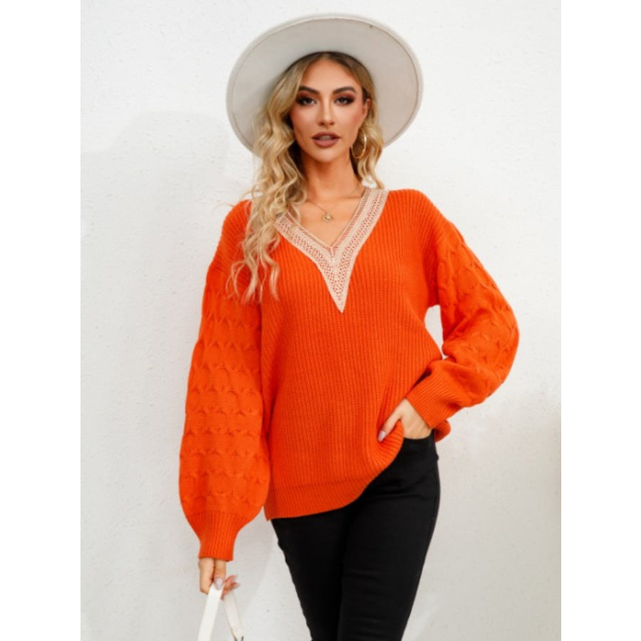 V-Neck Dropped Shoulder Long Sleeve Sweater Apparel and Accessories