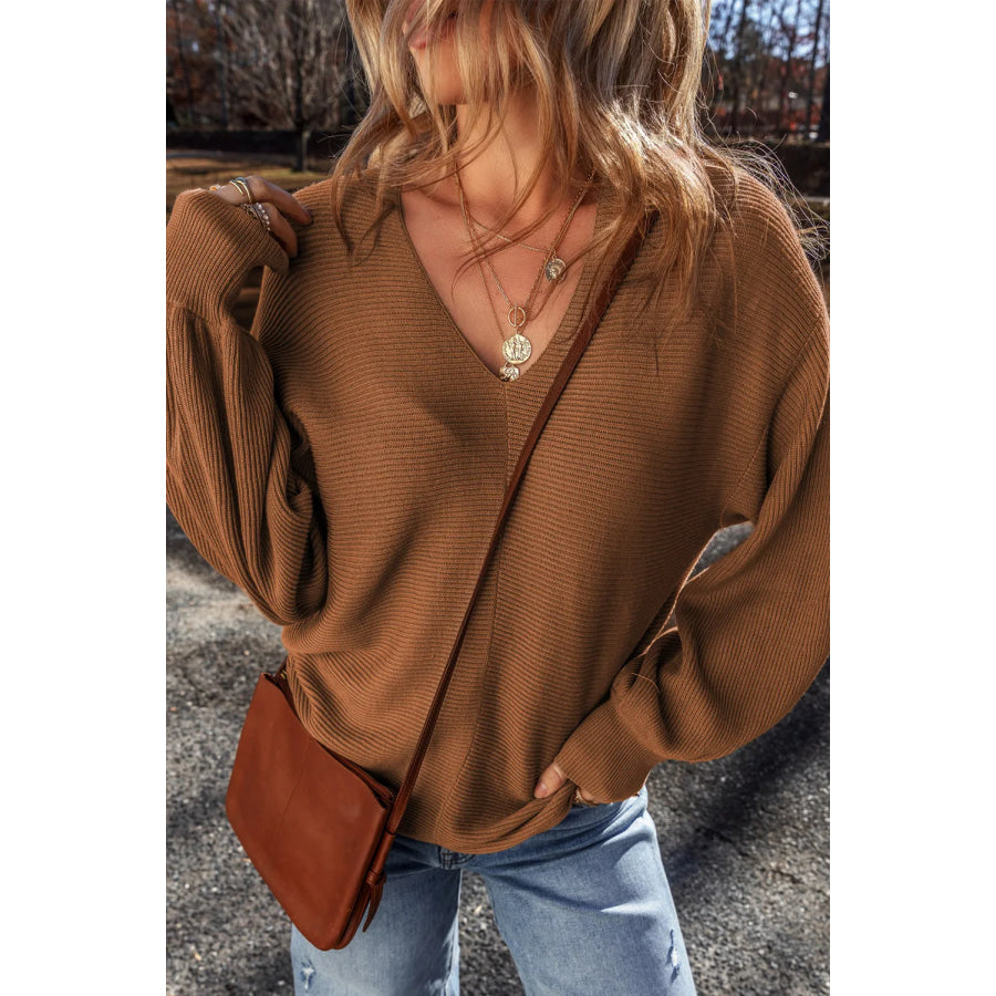 V-Neck Dropped Shoulder Long Sleeve Sweater Apparel and Accessories
