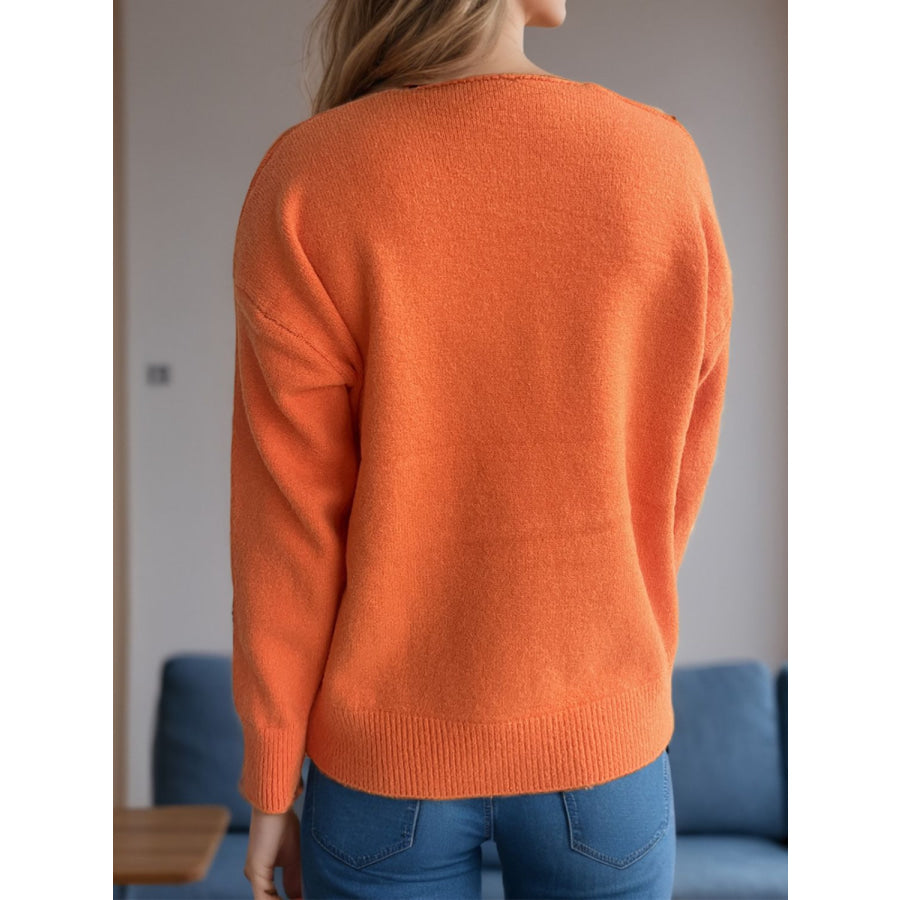 V-Neck Dropped Shoulder Long Sleeve Sweater Apparel and Accessories