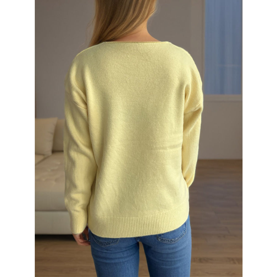 V-Neck Dropped Shoulder Long Sleeve Sweater Apparel and Accessories