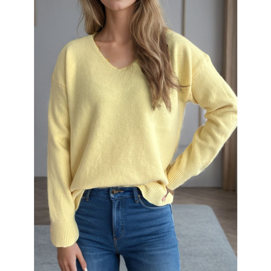 V-Neck Dropped Shoulder Long Sleeve Sweater Apparel and Accessories