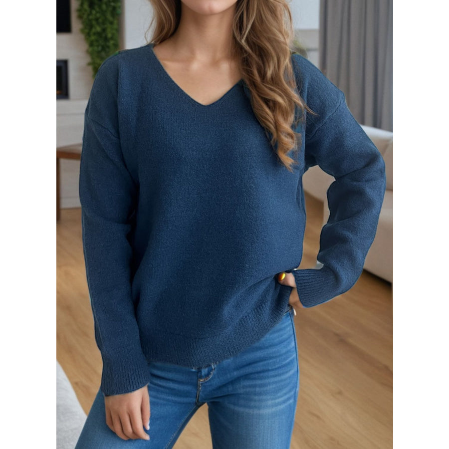 V-Neck Dropped Shoulder Long Sleeve Sweater Apparel and Accessories