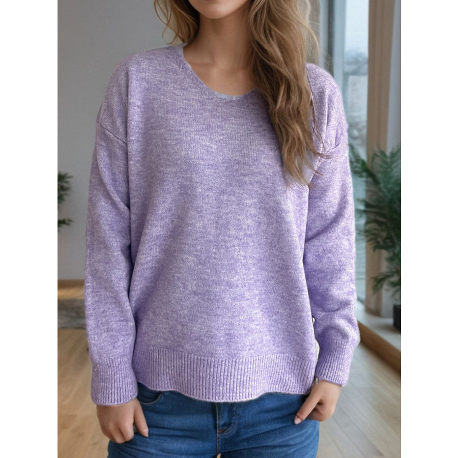 V-Neck Dropped Shoulder Long Sleeve Sweater Apparel and Accessories