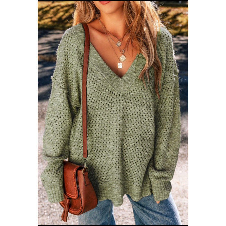 V-Neck Dropped Shoulder Long Sleeve Sweater Apparel and Accessories