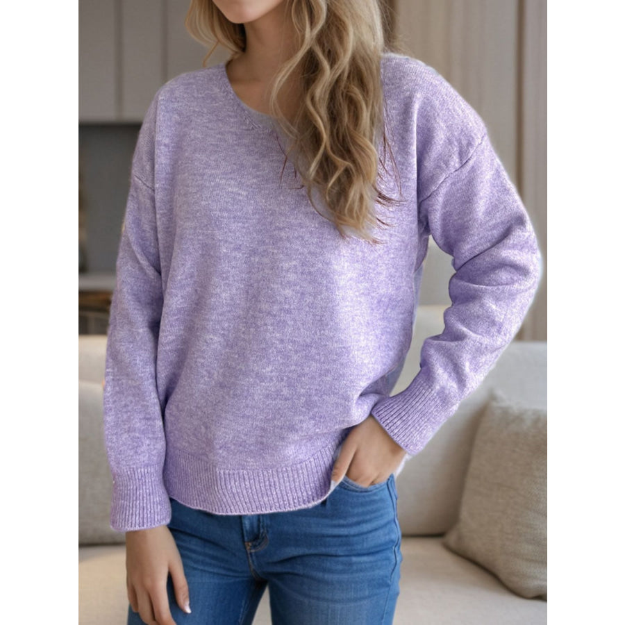 V-Neck Dropped Shoulder Long Sleeve Sweater Apparel and Accessories