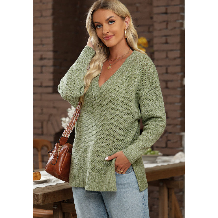 V-Neck Dropped Shoulder Long Sleeve Sweater Apparel and Accessories