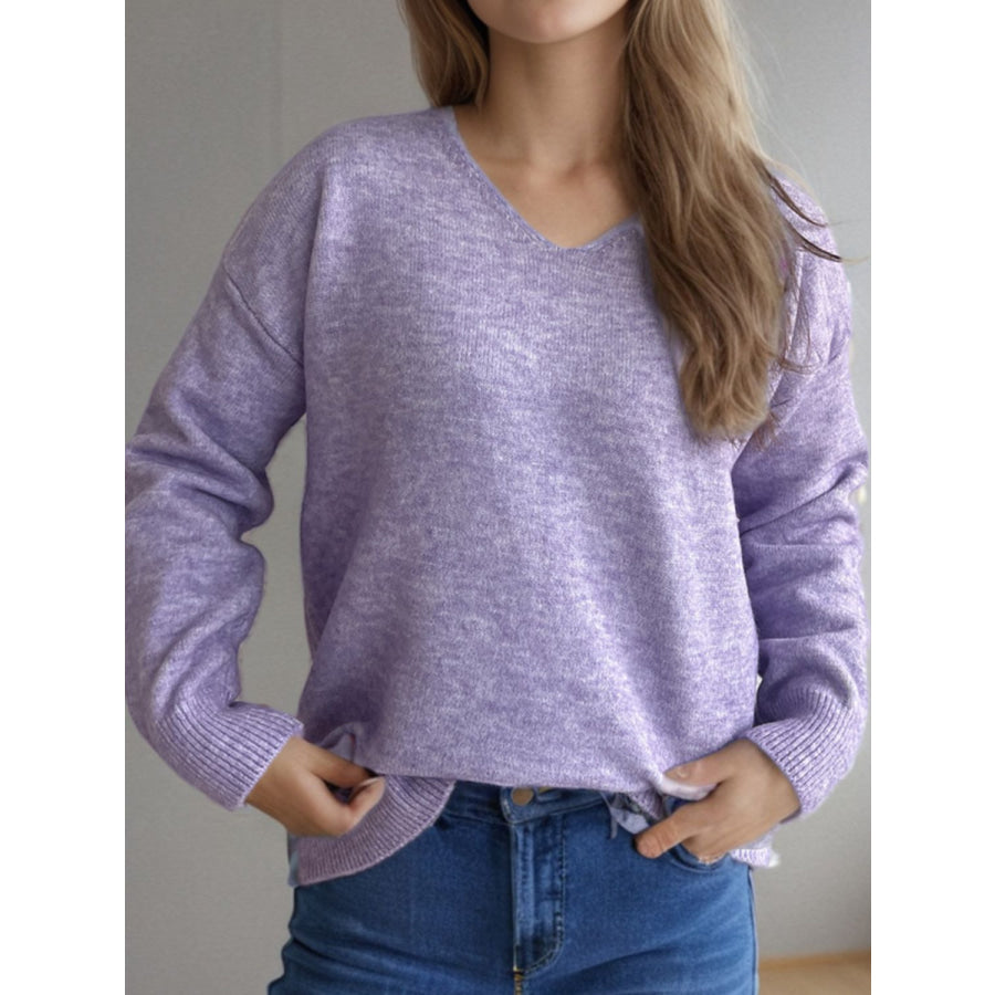 V-Neck Dropped Shoulder Long Sleeve Sweater Apparel and Accessories