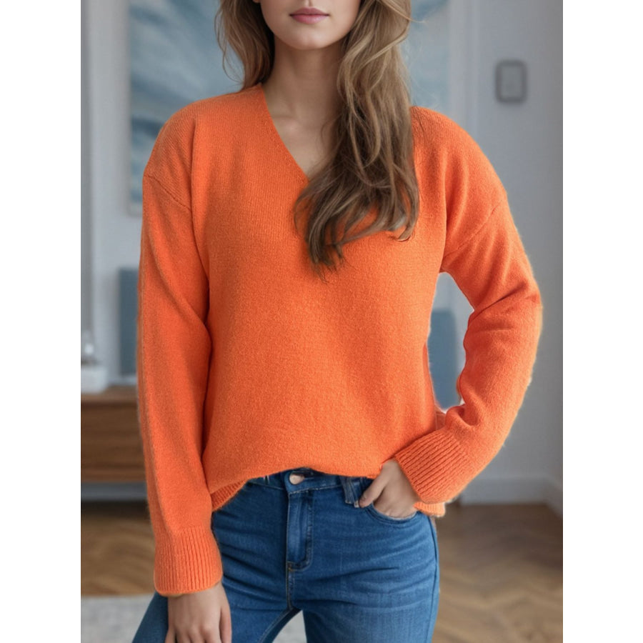 V-Neck Dropped Shoulder Long Sleeve Sweater Apparel and Accessories