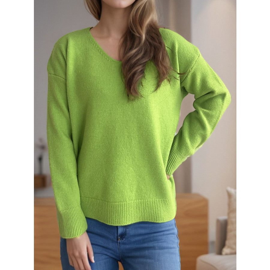 V-Neck Dropped Shoulder Long Sleeve Sweater Apparel and Accessories