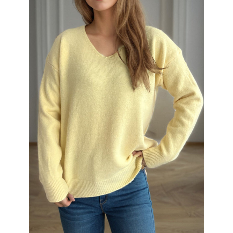 V-Neck Dropped Shoulder Long Sleeve Sweater Apparel and Accessories