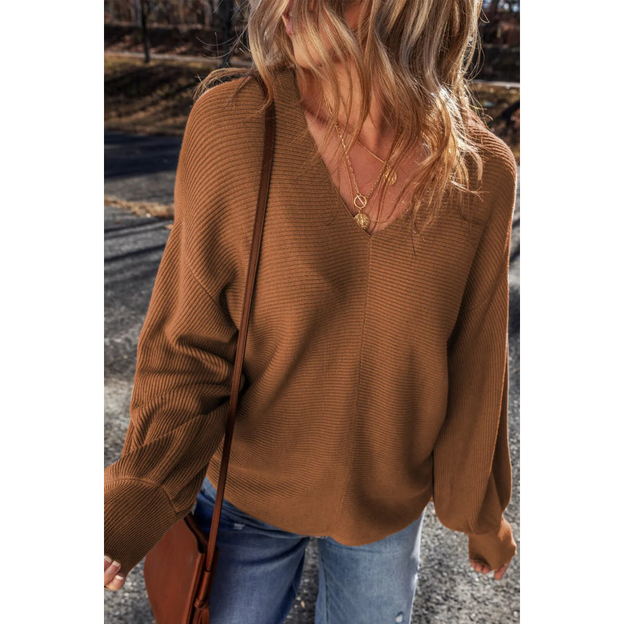 V-Neck Dropped Shoulder Long Sleeve Sweater Apparel and Accessories