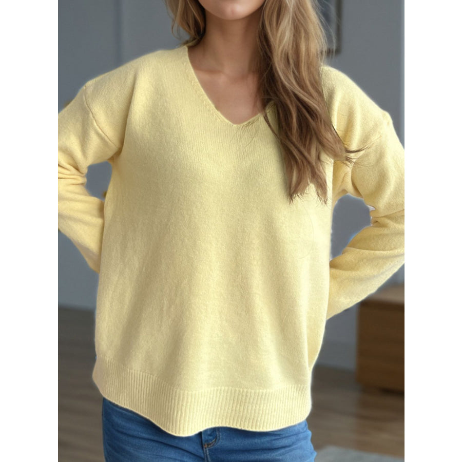 V-Neck Dropped Shoulder Long Sleeve Sweater Apparel and Accessories
