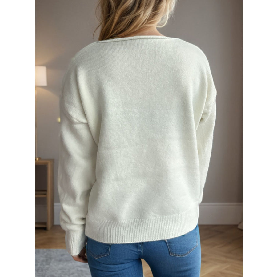 V-Neck Dropped Shoulder Long Sleeve Sweater Apparel and Accessories