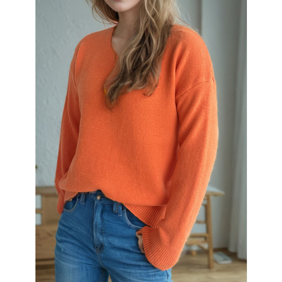 V-Neck Dropped Shoulder Long Sleeve Sweater Apparel and Accessories