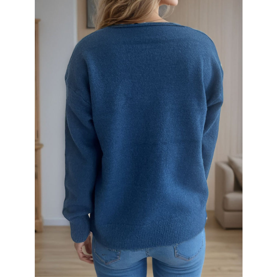 V-Neck Dropped Shoulder Long Sleeve Sweater Apparel and Accessories