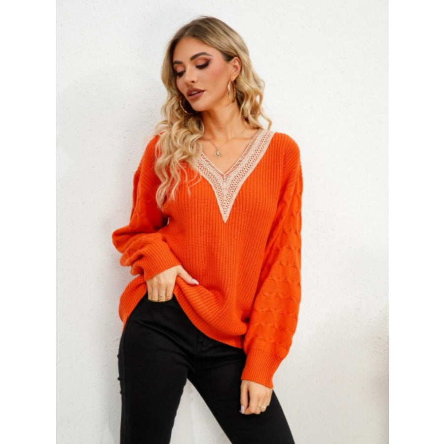 V-Neck Dropped Shoulder Long Sleeve Sweater Apparel and Accessories