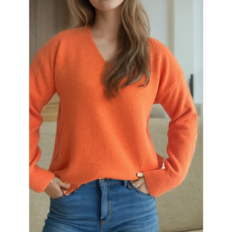 V-Neck Dropped Shoulder Long Sleeve Sweater Apparel and Accessories