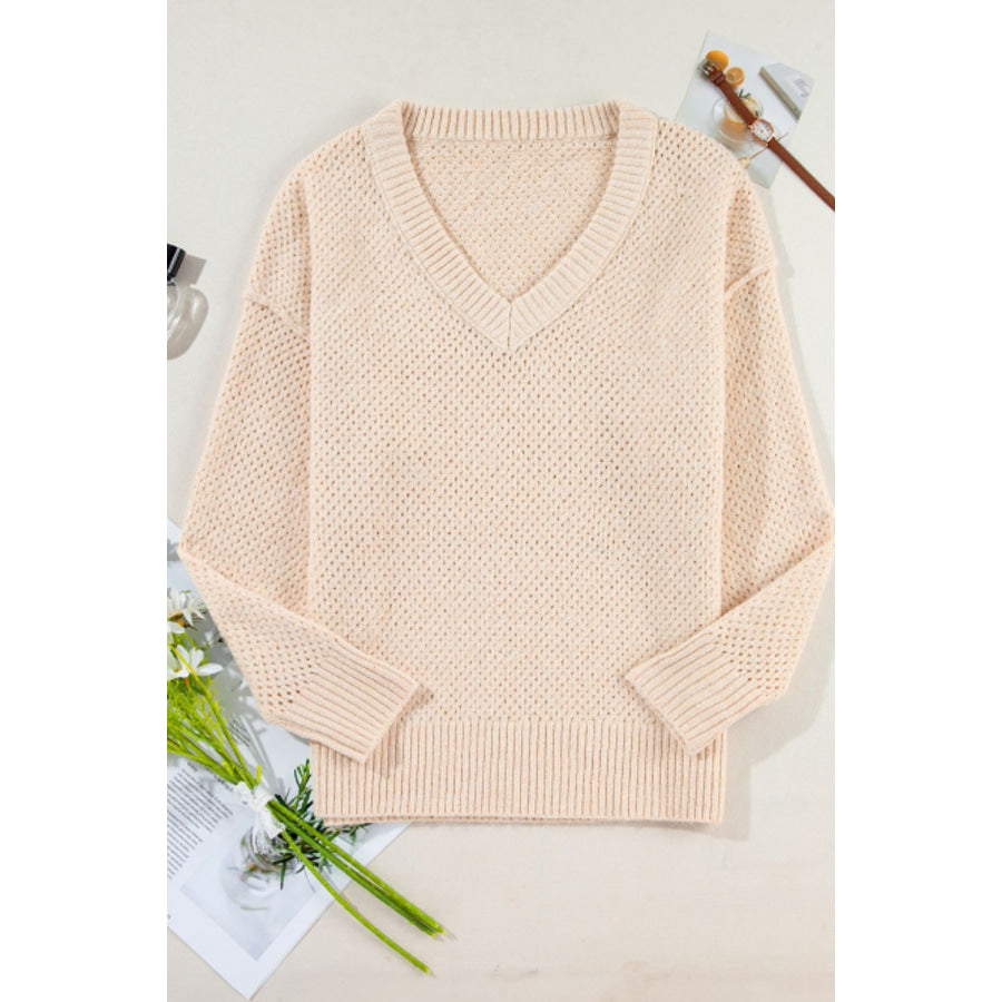 V-Neck Dropped Shoulder Long Sleeve Sweater Apparel and Accessories