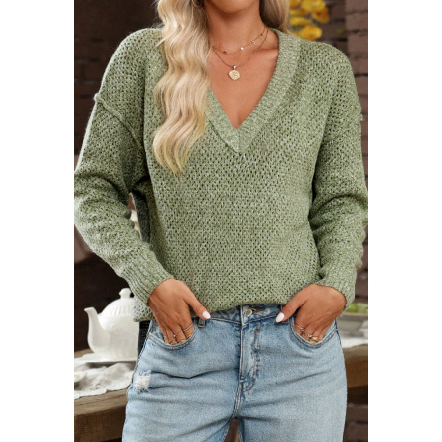 V-Neck Dropped Shoulder Long Sleeve Sweater Apparel and Accessories