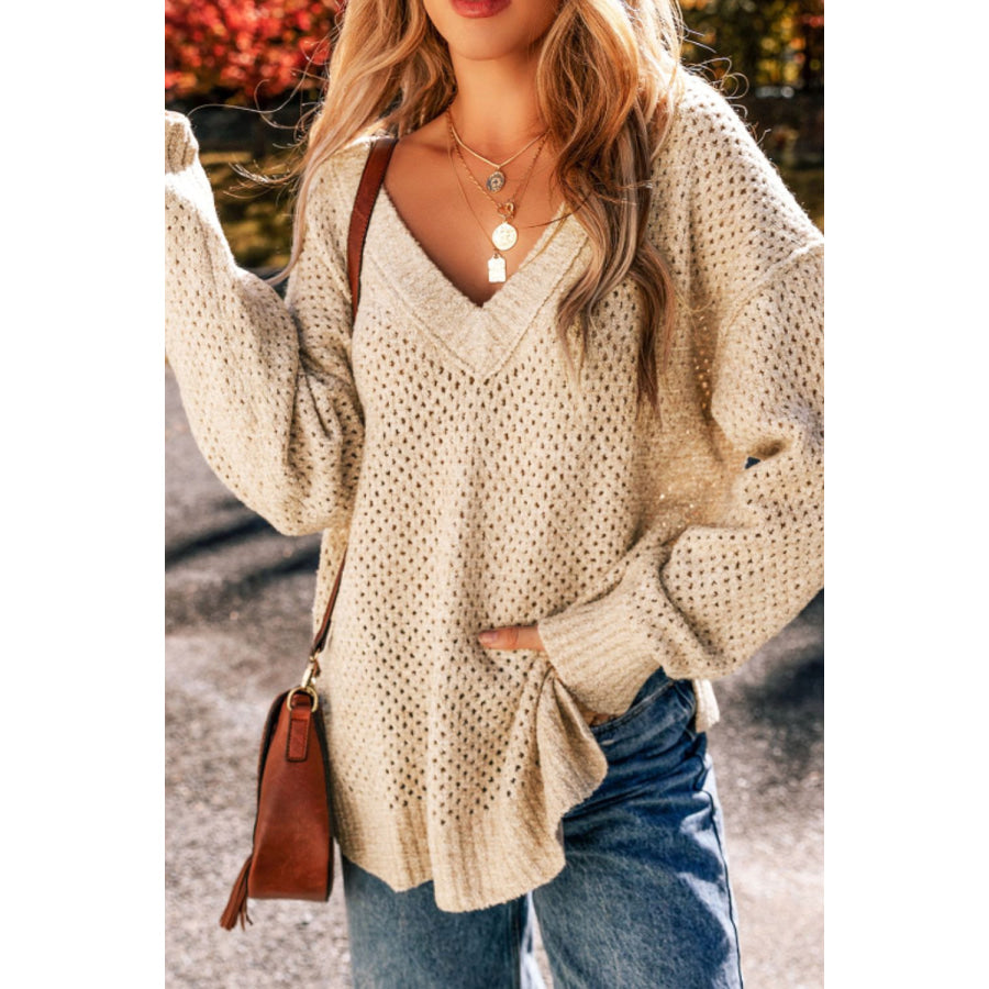 V-Neck Dropped Shoulder Long Sleeve Sweater Beige / S Apparel and Accessories