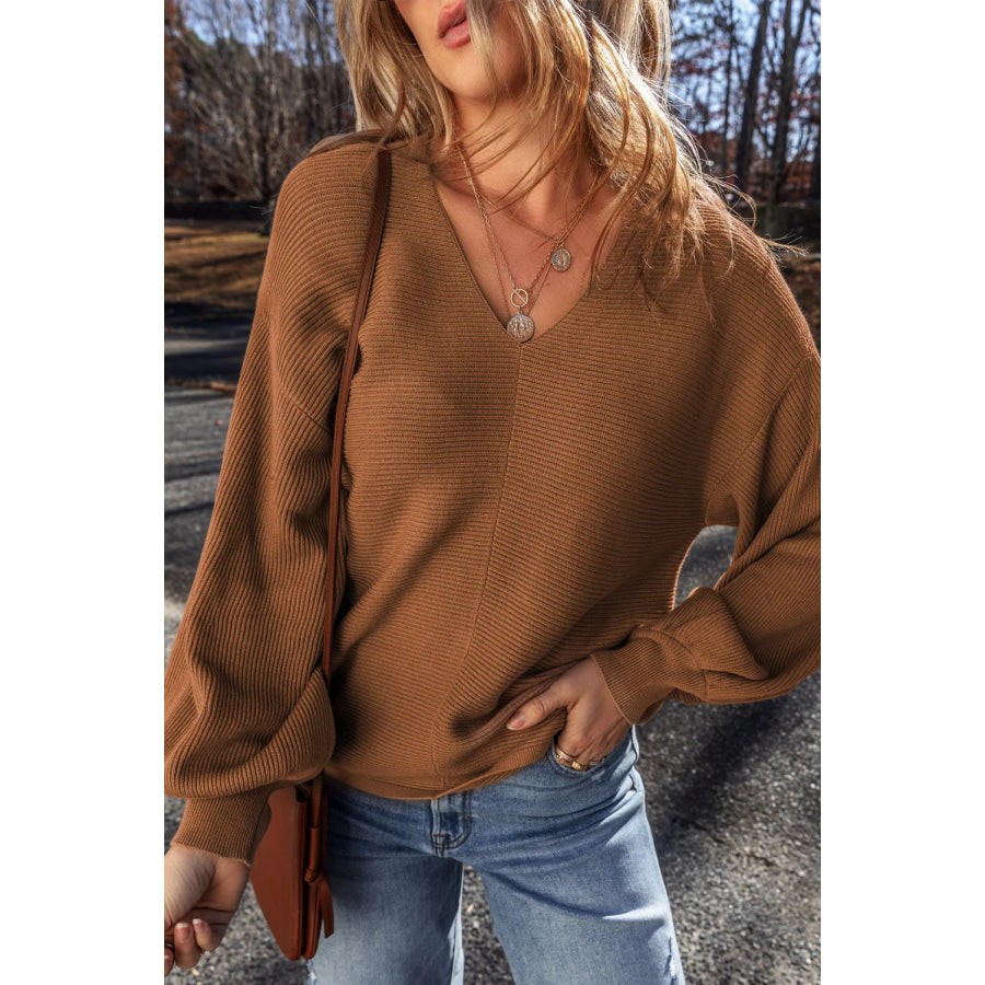 V-Neck Dropped Shoulder Long Sleeve Sweater Brown / S Apparel and Accessories