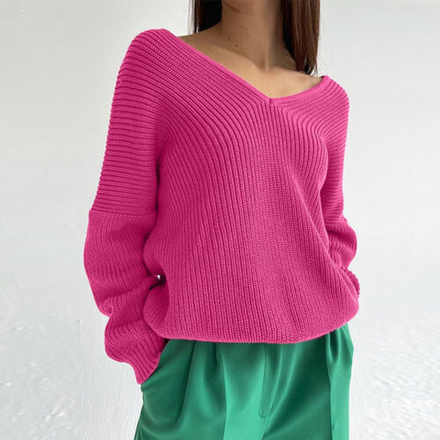 V-Neck Dropped Shoulder Long Sleeve Sweater Hot Pink / S