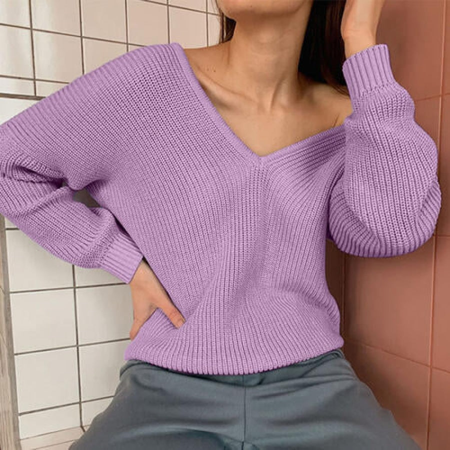 V-Neck Dropped Shoulder Long Sleeve Sweater Lavender / S