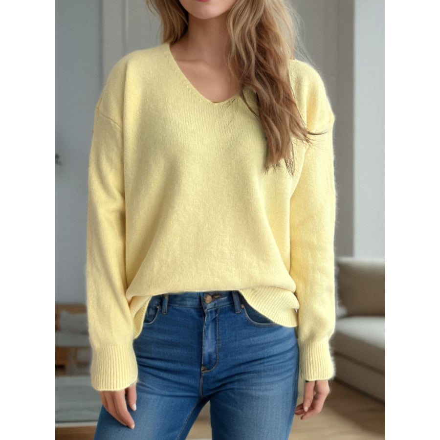 V-Neck Dropped Shoulder Long Sleeve Sweater Light Yellow / One Size Apparel and Accessories