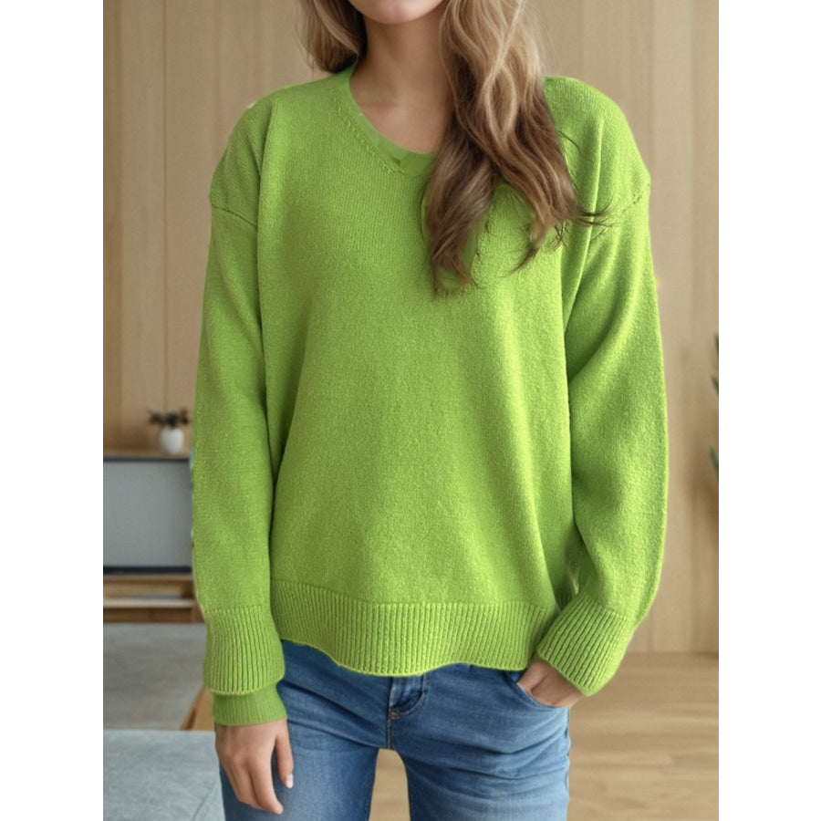 V-Neck Dropped Shoulder Long Sleeve Sweater Lime / One Size Apparel and Accessories
