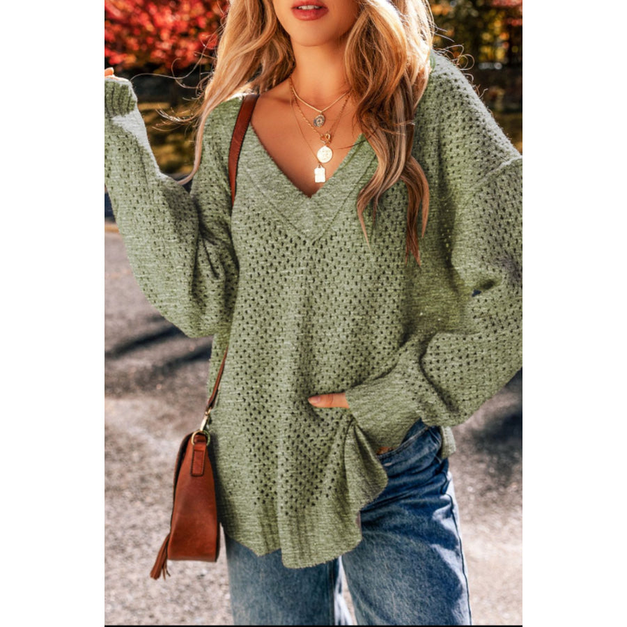 V-Neck Dropped Shoulder Long Sleeve Sweater Matcha Green / S Apparel and Accessories