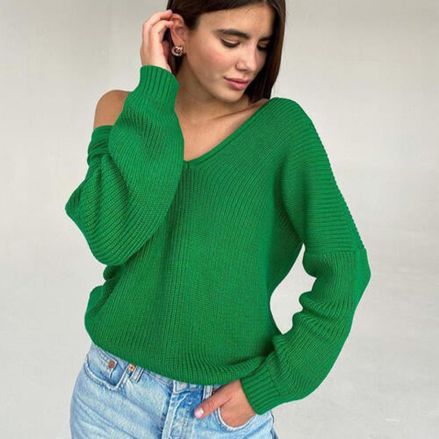 V-Neck Dropped Shoulder Long Sleeve Sweater Mid Green / S