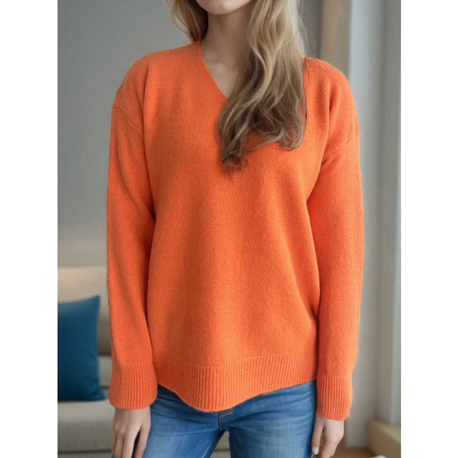 V-Neck Dropped Shoulder Long Sleeve Sweater Orange / One Size Apparel and Accessories
