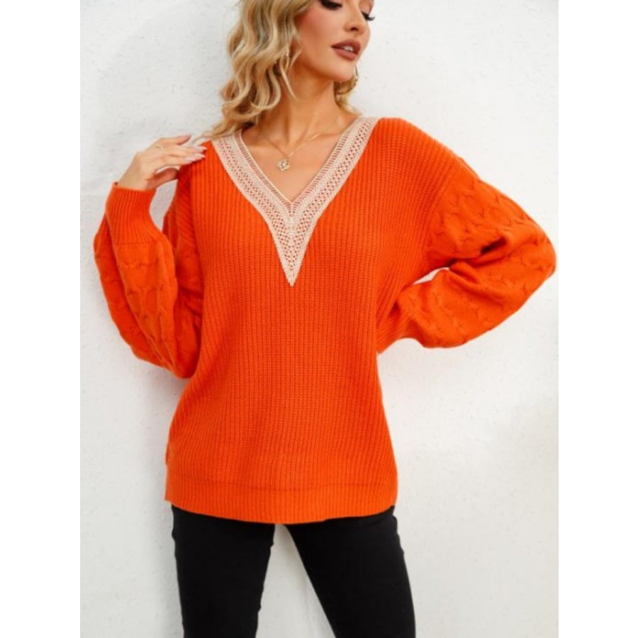 V-Neck Dropped Shoulder Long Sleeve Sweater Orange / S Apparel and Accessories