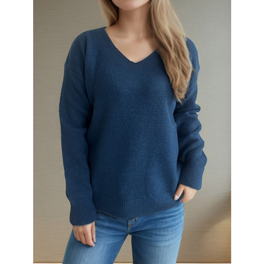 V-Neck Dropped Shoulder Long Sleeve Sweater Peacock Blue / One Size Apparel and Accessories