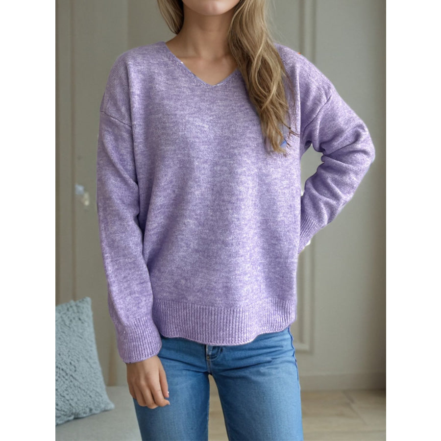 V-Neck Dropped Shoulder Long Sleeve Sweater Pink Purple / One Size Apparel and Accessories