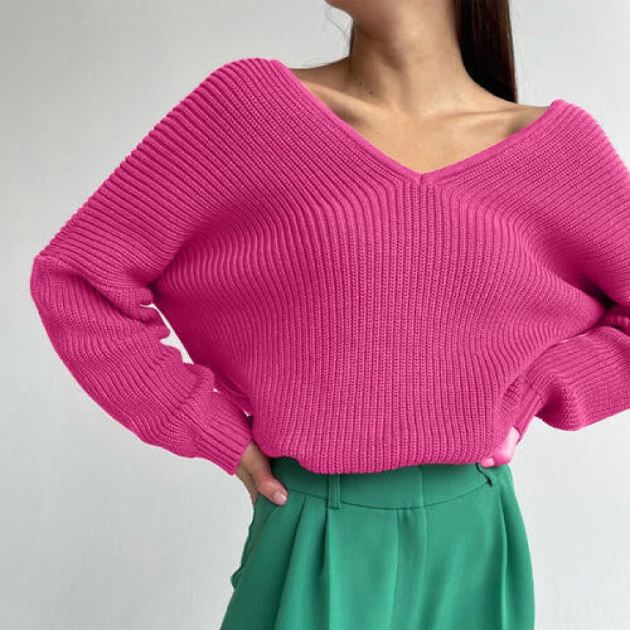 V-Neck Dropped Shoulder Long Sleeve Sweater Hot Pink / S