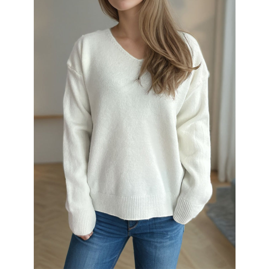 V-Neck Dropped Shoulder Long Sleeve Sweater White / One Size Apparel and Accessories