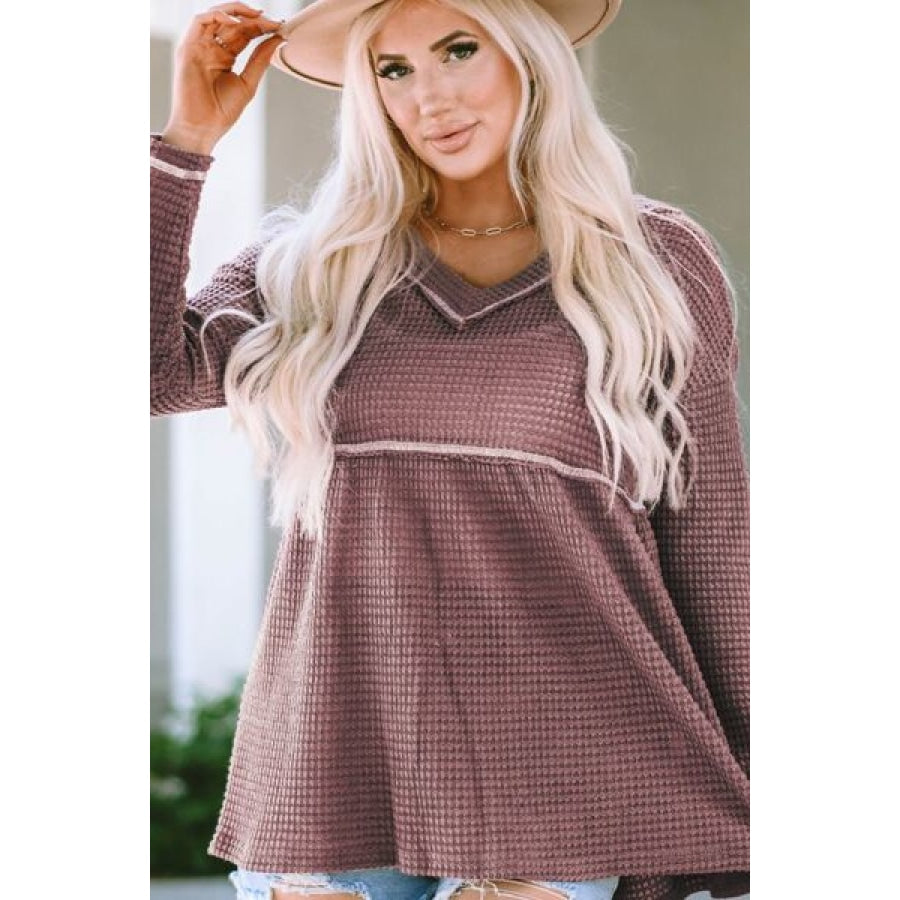 V-Neck Dropped Shoulder Long Sleeve T-Shirt Clothing