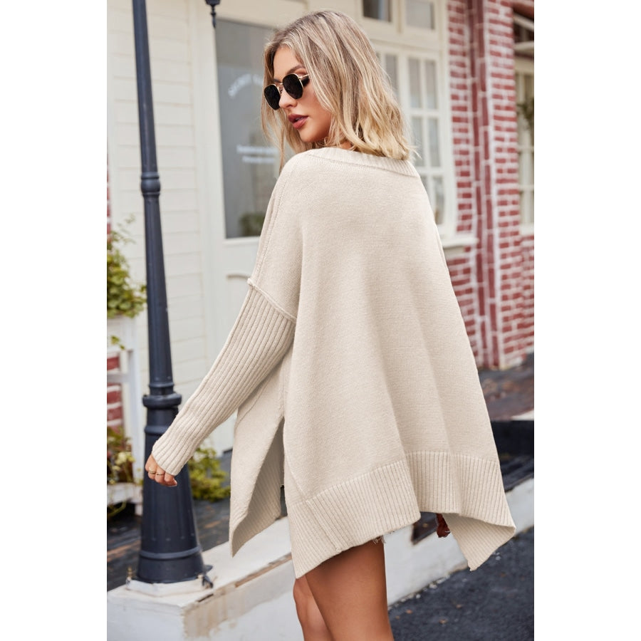 V-Neck Dropped Shoulder Ribbed Long Sleeve Sweater Sand / S